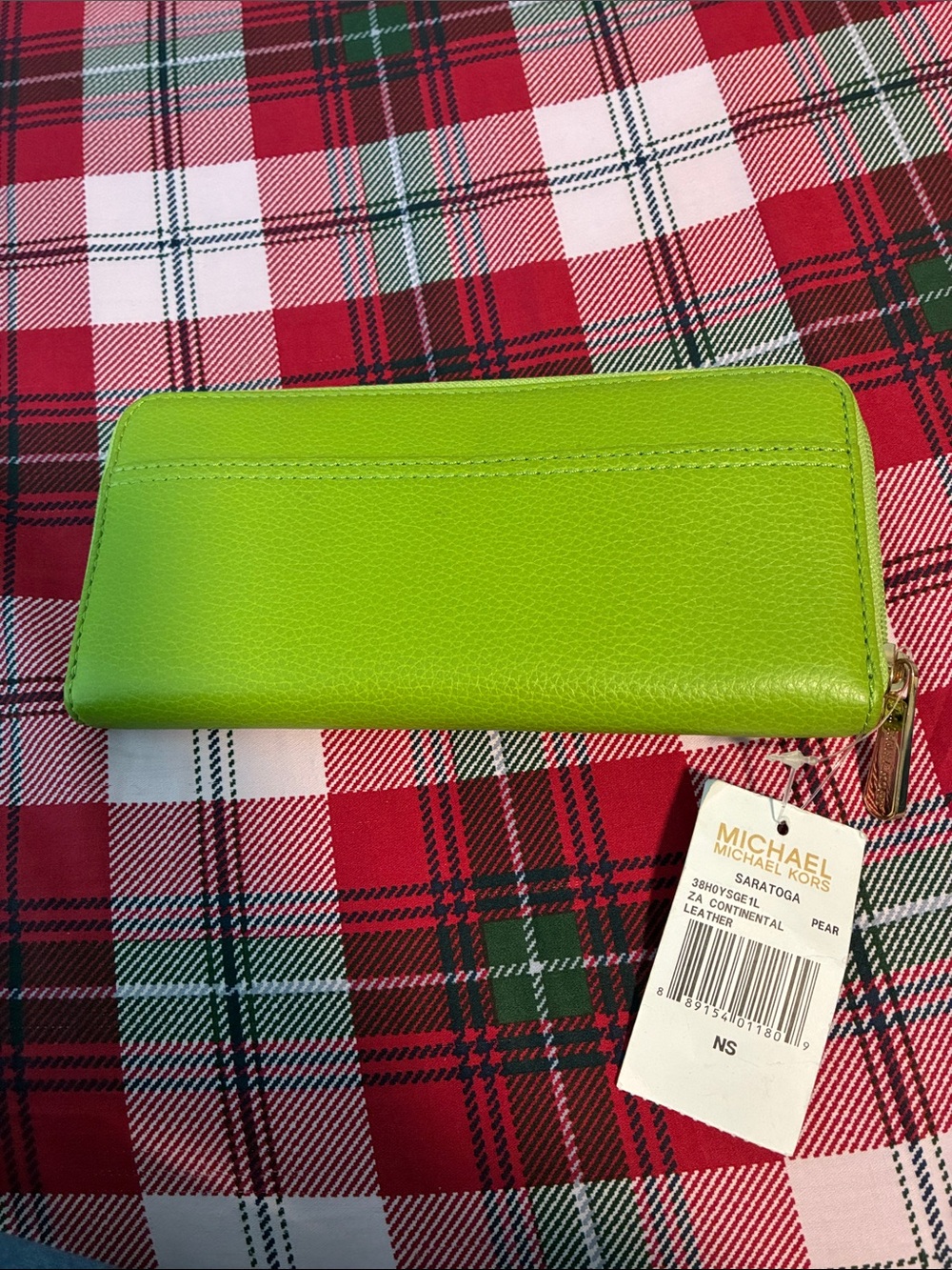 Michael Kors Bright Lime Green Leather Zip Wallet with Gold Plaque - Picture 3 of 4